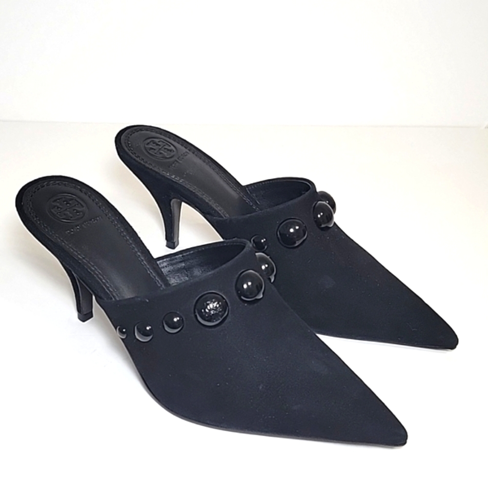 Tory Burch Georgina black suede pointed toe studded mules/heels women's size 9